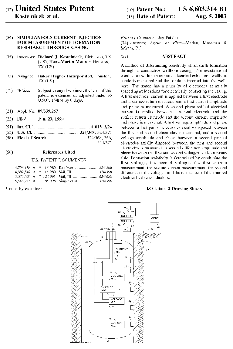 Simultaneous Current Injection for Measurement of Formation Resistance Through Casing 6,603,314